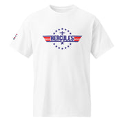 White C-130 Hercules t-shirt with a movie series inspired blue and red HERCULES logo featuring a C-130 aircraft silhouette, designed for Air Force veterans, loadmasters, pilots, maintainers, and military aviation fans and enthusiasts.