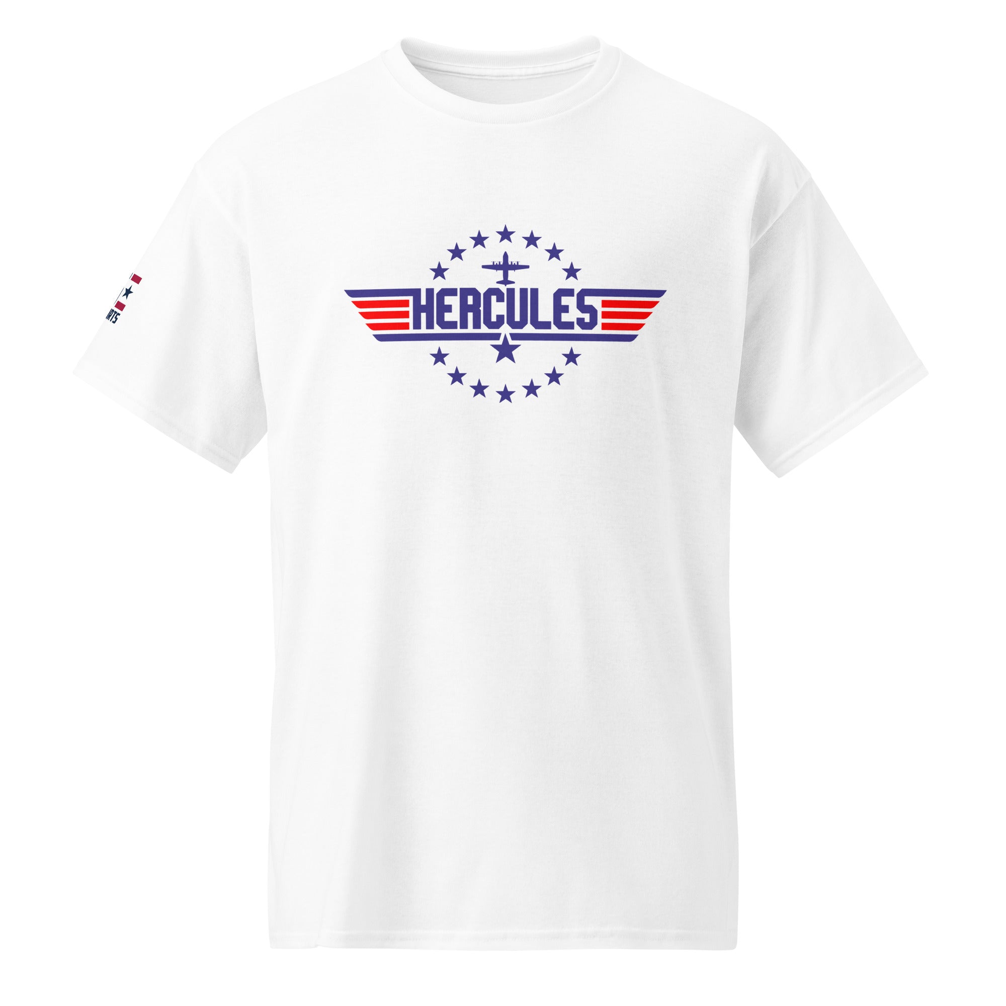 White C-130 Hercules t-shirt with a movie series inspired blue and red HERCULES logo featuring a C-130 aircraft silhouette, designed for Air Force veterans, loadmasters, pilots, maintainers, and military aviation fans and enthusiasts.
